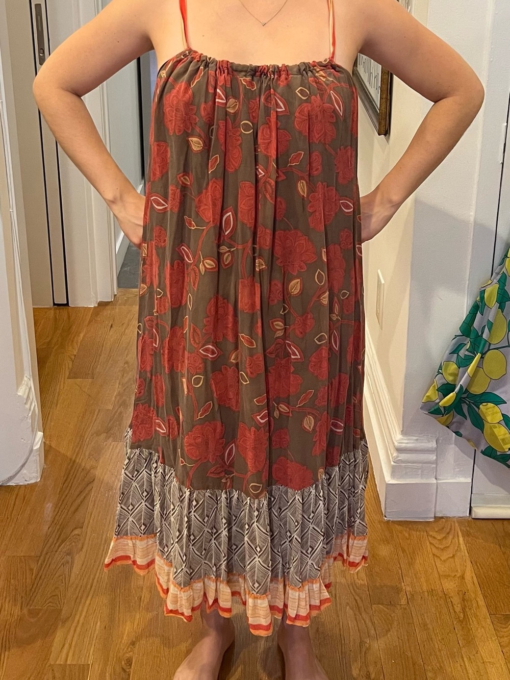 BCBG Silk Flowy Boho Floral Silk Midi Dress Formal Pink Brown Vintage Y2K Sz M